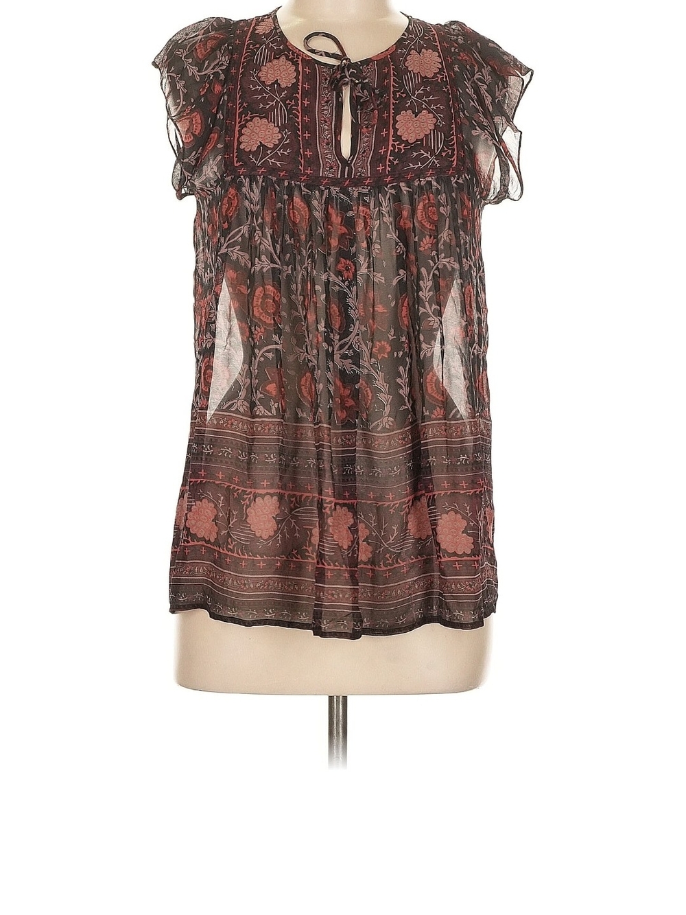 Ulla Johnson Black Sheer Floral Tie-Neck Blouse with Rust Accents